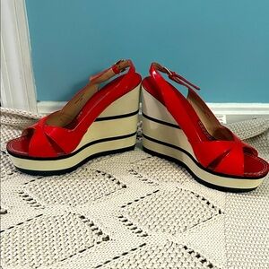 Kate Spade Red Patent Leather Striped Wedges